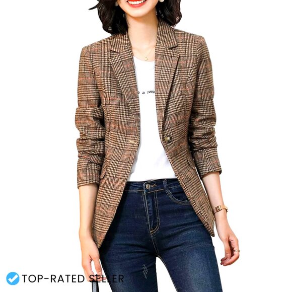 Jackets & Blazers - Houndstooth Plaid Blazer Jacket Notch Lapel Boyfriend Fit Chic Elegant